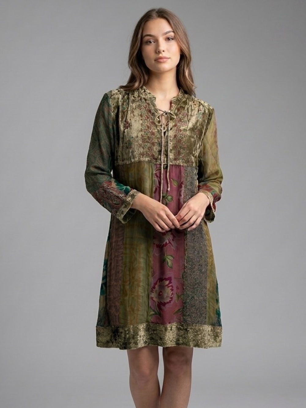 Bohemian Patchwork Green Floral Tie-Neck Dress